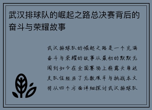 武汉排球队的崛起之路总决赛背后的奋斗与荣耀故事